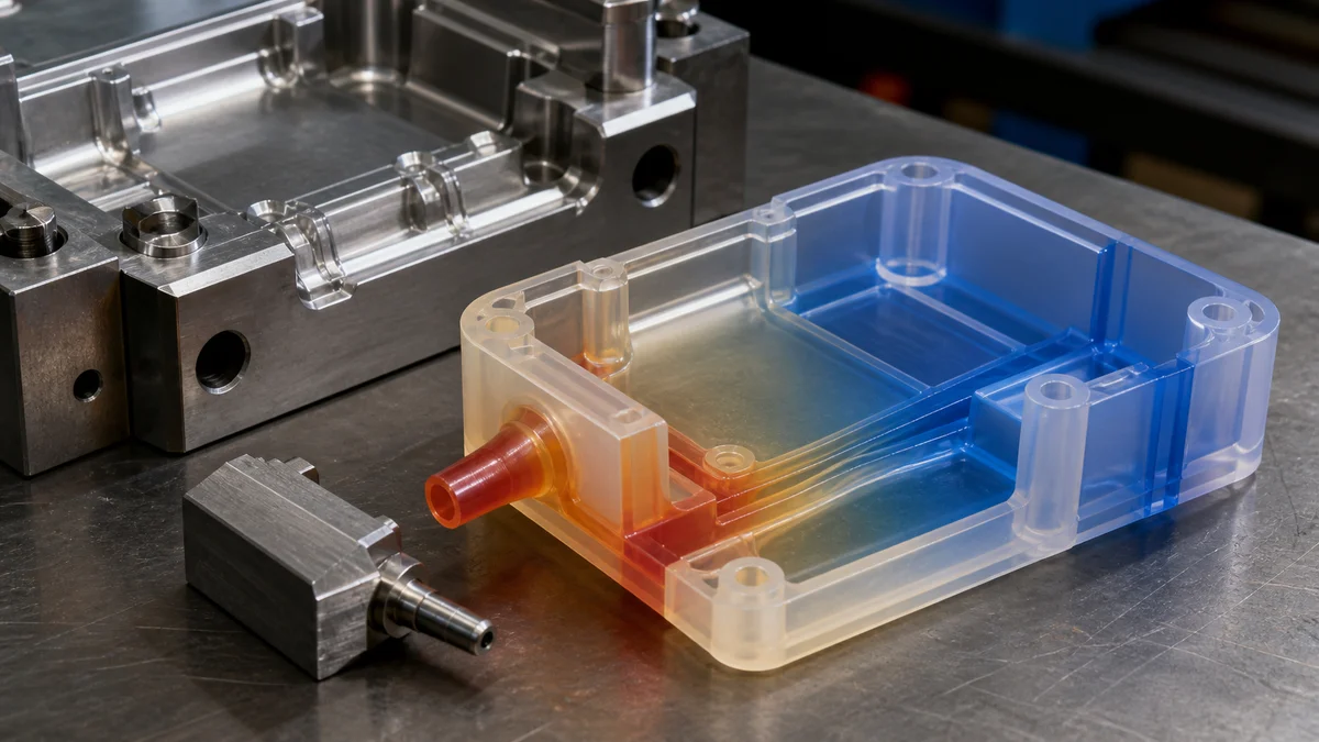 Translucent molded housing and mold insert showing a gate entering near changing wall thicknesses.