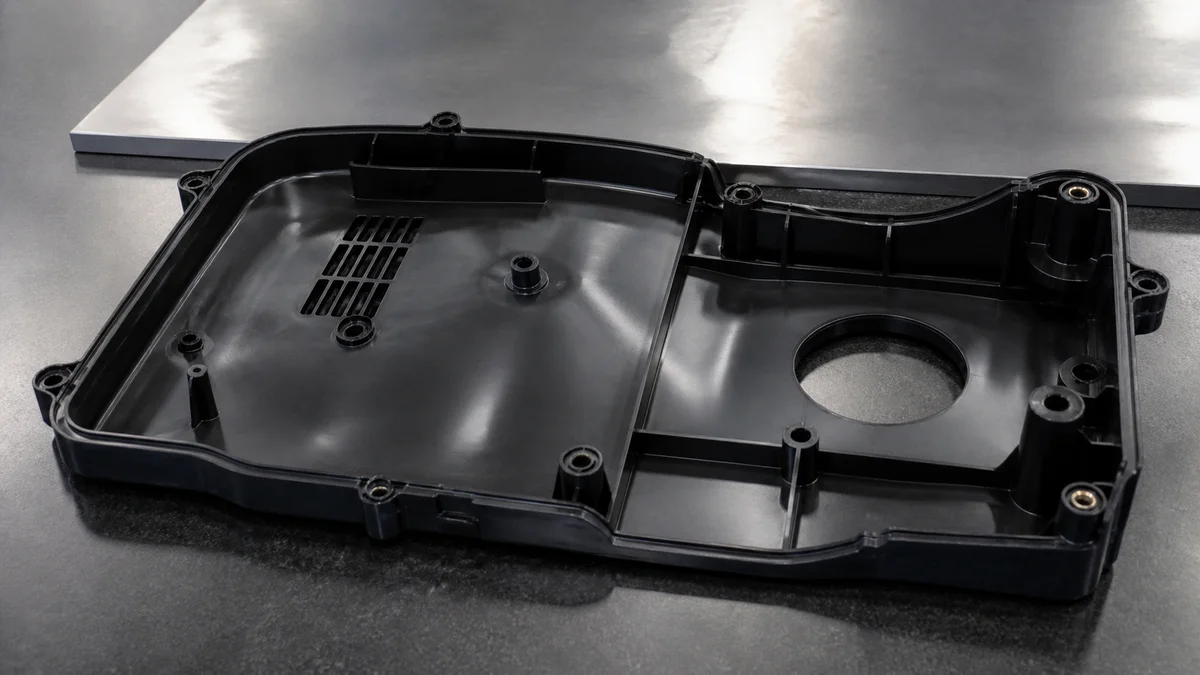 Boss Sink and Warpage Samples Two molded covers showing a sink-prone heavy boss design and a revised cored boss with supporting ribs.