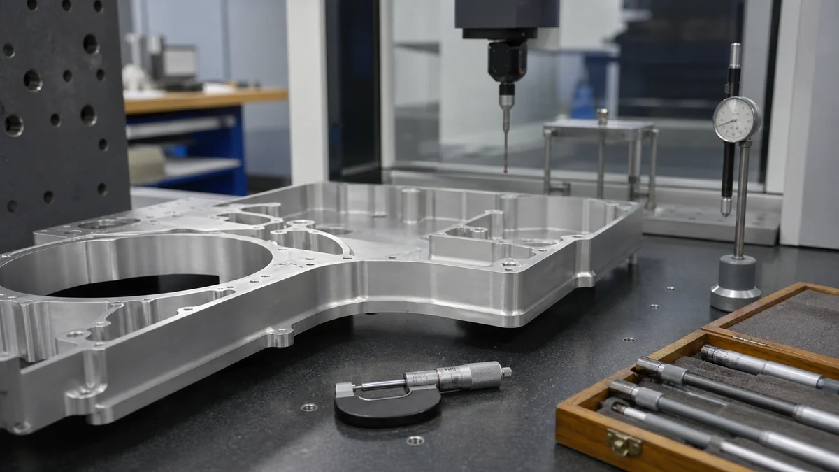 Machined Aluminum Parts Inspection Broad aluminum plate and thin-walled housing being prepared for dimensional inspection with precision tools.