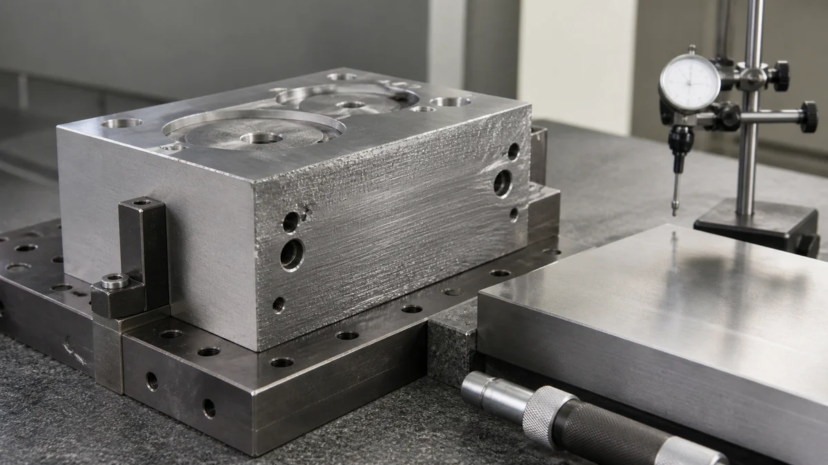 Grinding Stock and Datum Setup Rough-machined block with retained grinding stock located against fixture datum surfaces.