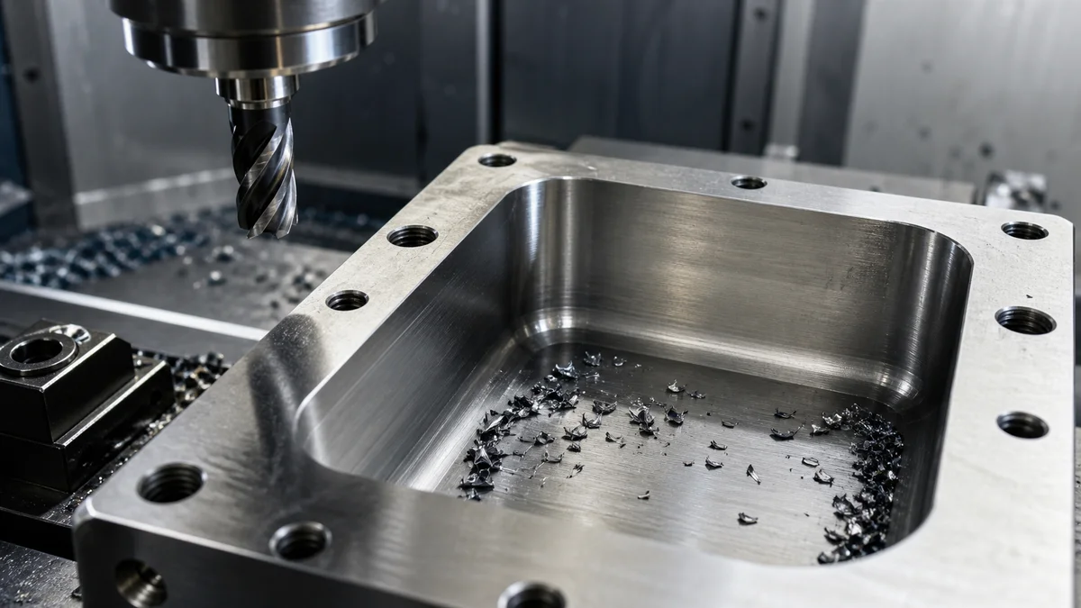 Close-up of a titanium pocket with rounded internal corners beside a rigid milling cutter.