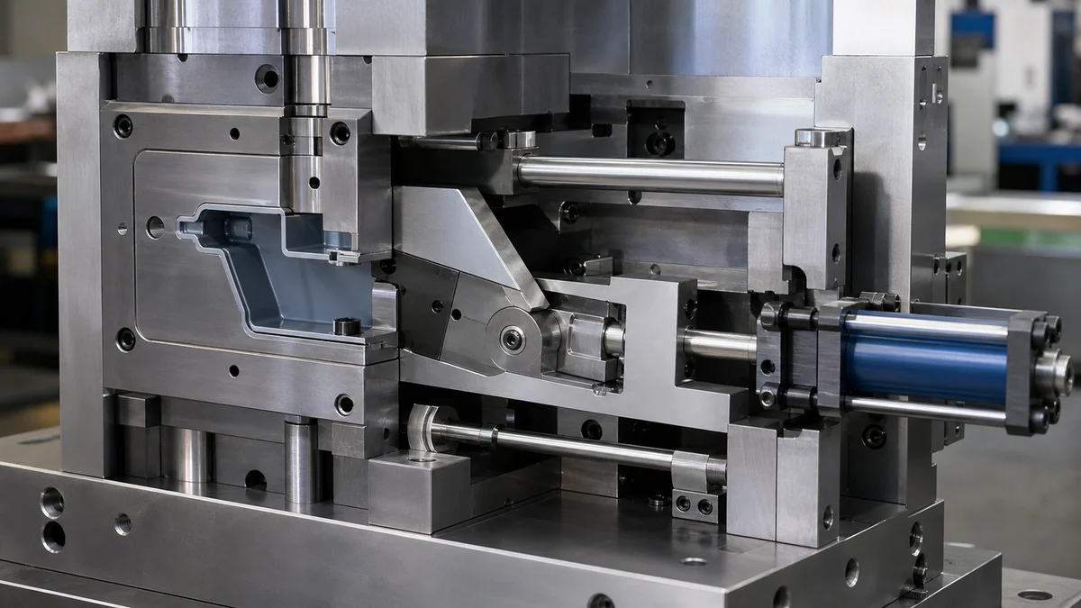 Angled Lifter Mechanism Injection mold cutaway showing an angled lifter, internal snap, guide support, and release clearance.
