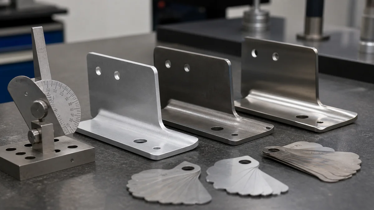 Formed Bracket Angle Comparison Aluminum, steel, and stainless brackets compared with an angle gauge and bend-radius templates.