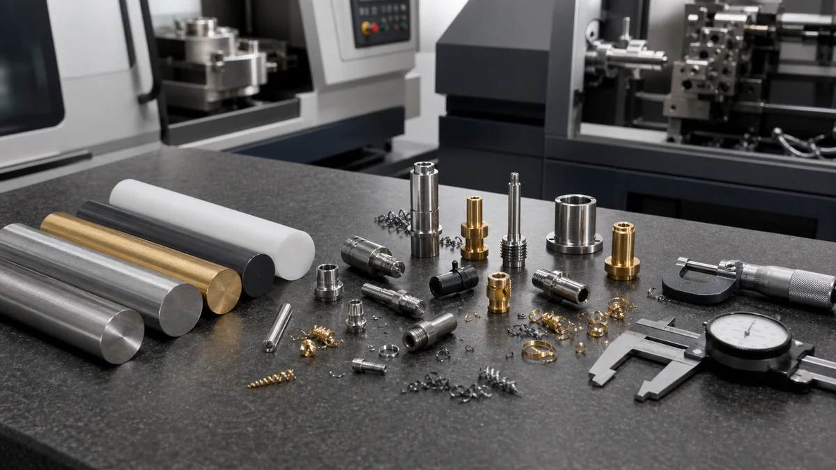 Metal and engineering plastic bar samples with turned parts and representative machining chips.