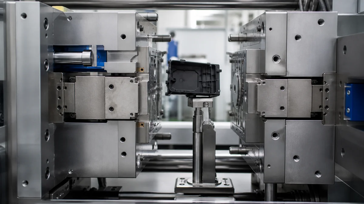 Multi-Action Mold Sequence Multi-action mold with two retracted slides and an internal lifter ejecting a plastic housing.