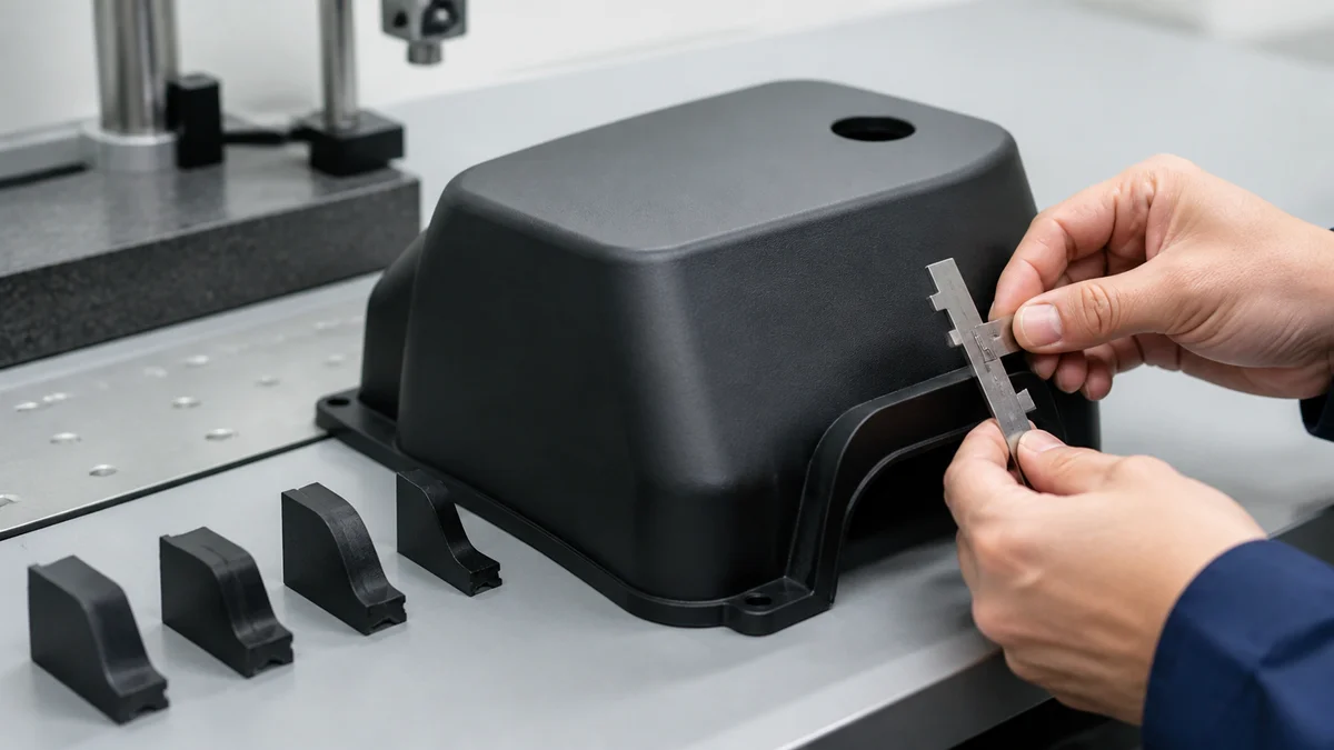 Molded plastic cover being inspected under controlled lighting with a profile gauge and comparison samples.