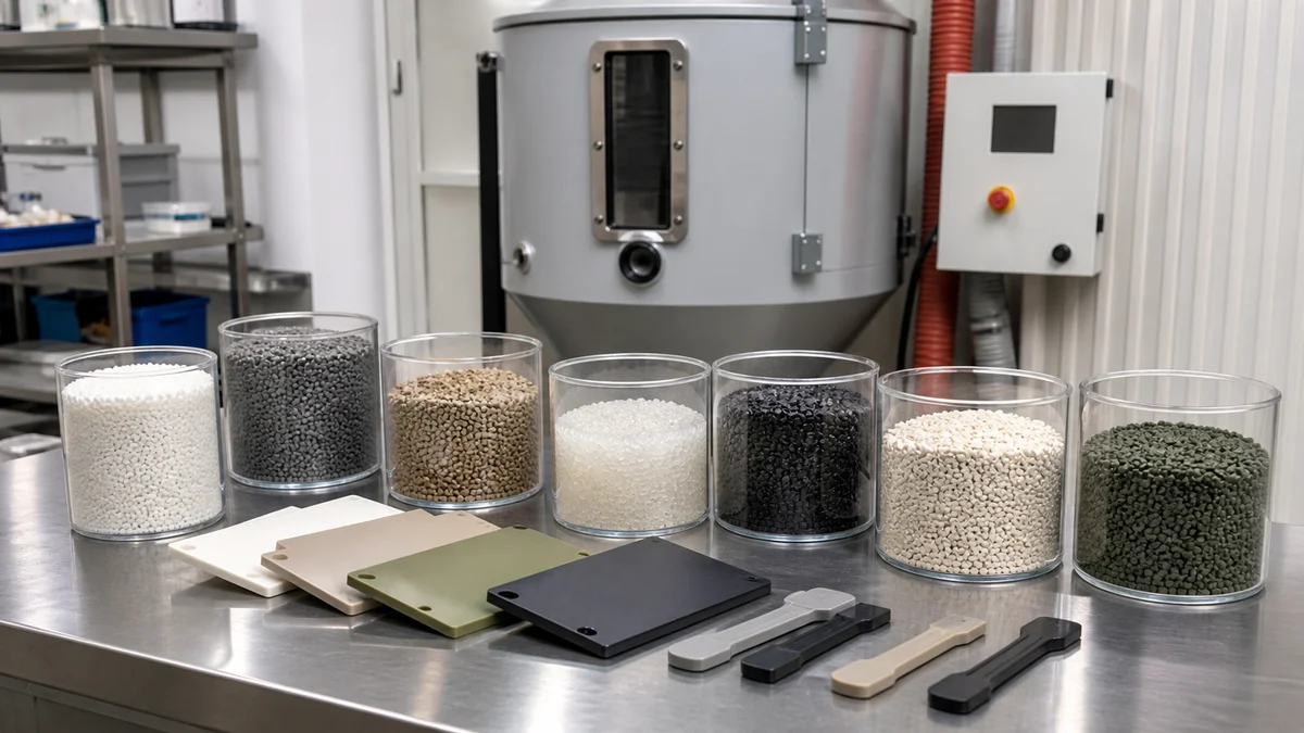 Different engineering resin pellets and molded test plaques arranged near material drying equipment.