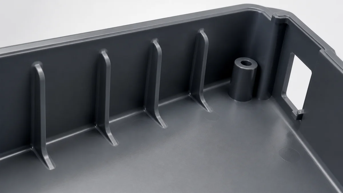 Molded Rib Geometry Interior of a molded plastic housing showing rib spacing, root radii, and tapered rib faces.