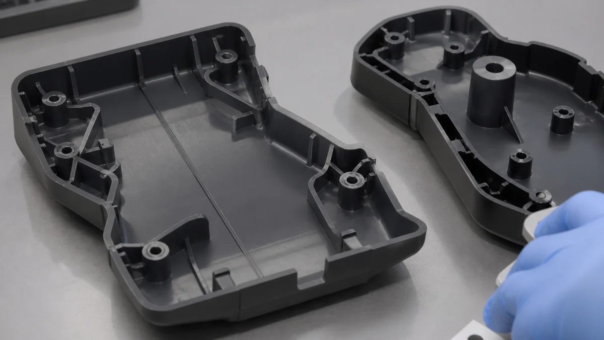 Interior of a molded plastic cover showing cored bosses, ribs, gussets, and a contrasting heavy boss.
