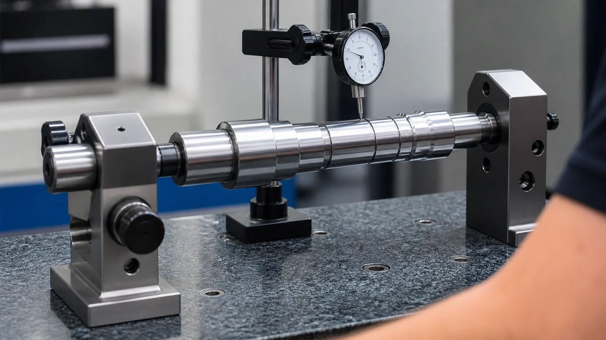Stepped shaft supported from datum surfaces while a dial indicator measures journal runout.