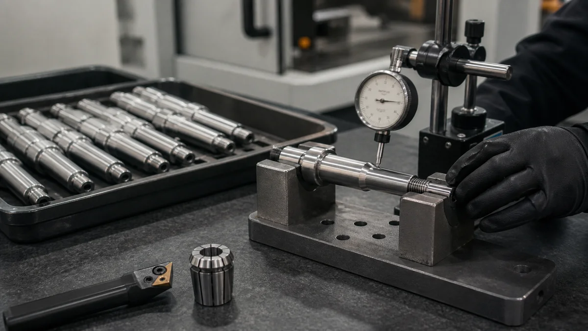 Batch of turned shafts beside one part undergoing a periodic runout inspection.