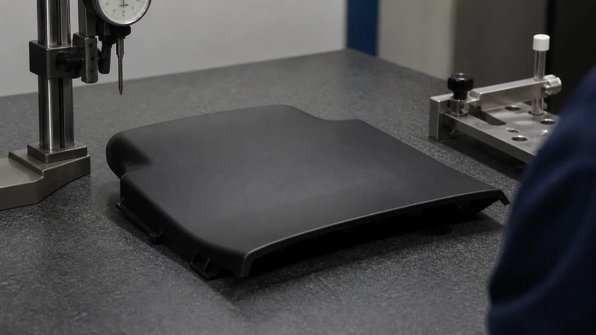 Molded plastic cover being checked for flatness and cosmetic surface variation on an inspection table.