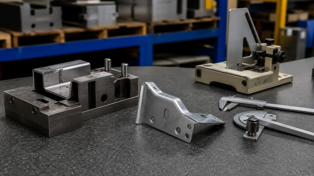Stamped bracket inspected in a free state beside a locating fixture and measurement tools.