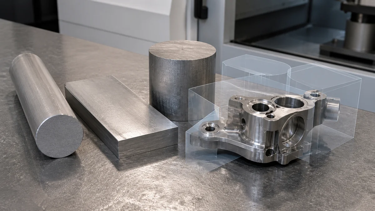 Finished titanium component displayed beside bar, plate, and billet stock in different orientations.