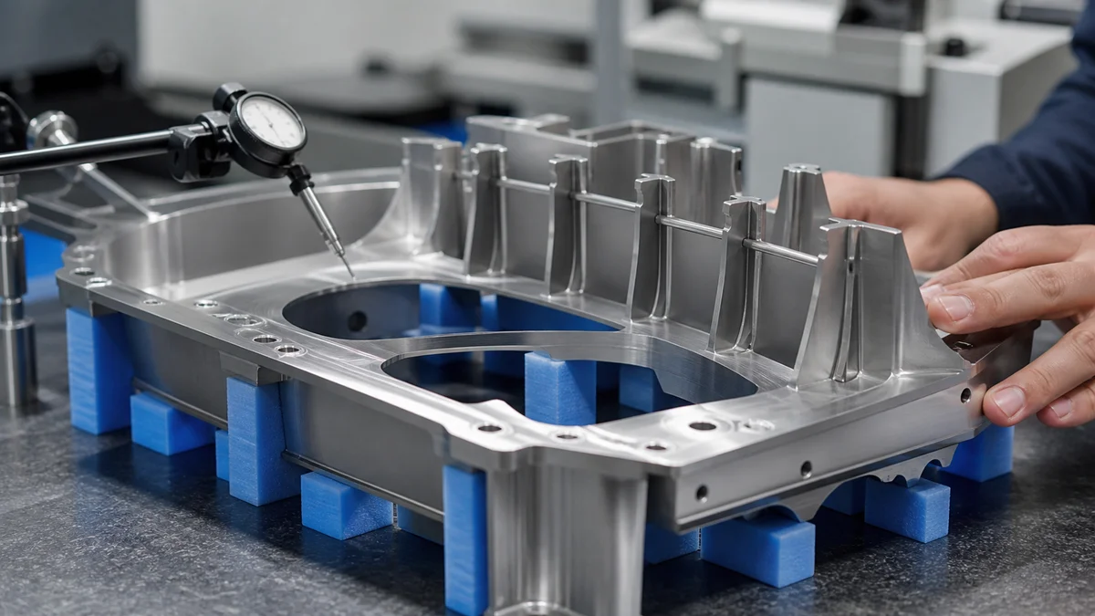Thin-walled titanium component supported by ribs, temporary bridges, and distributed workholding.