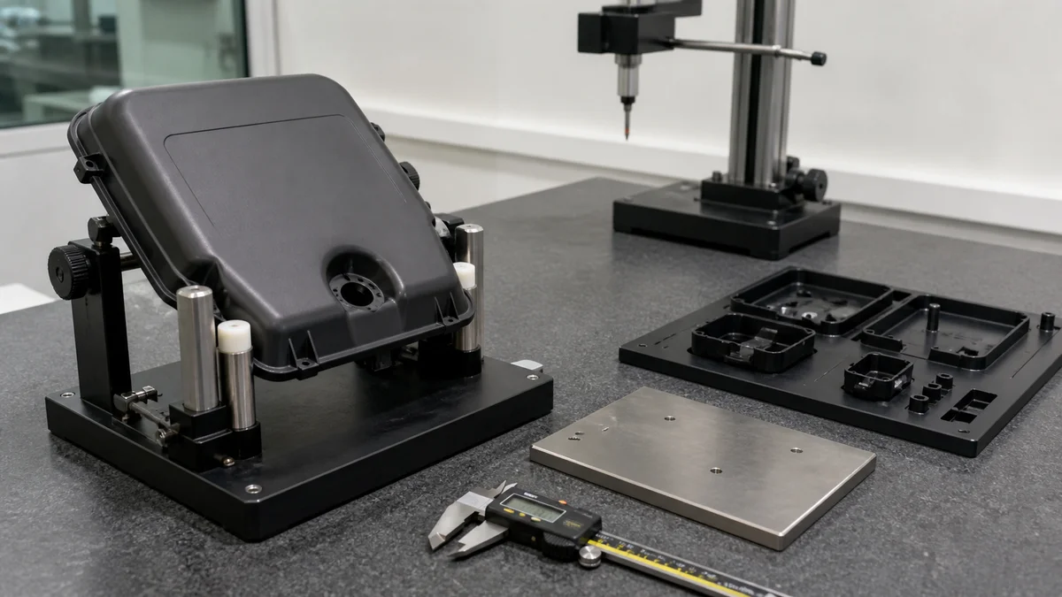 Molded Cover Inspection Molded plastic cover in an inspection fixture beside calipers and cavity-separated samples.