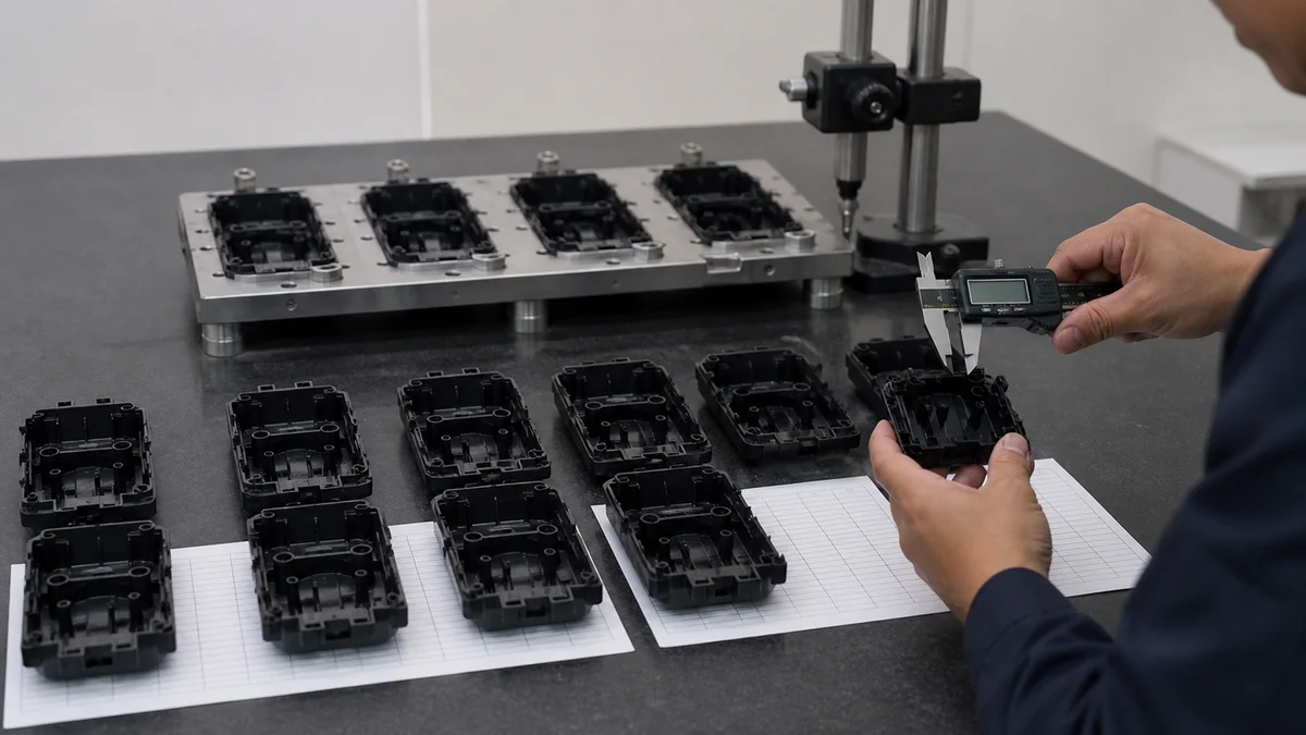 Identical molded parts arranged by cavity position beside a caliper and inspection fixture.