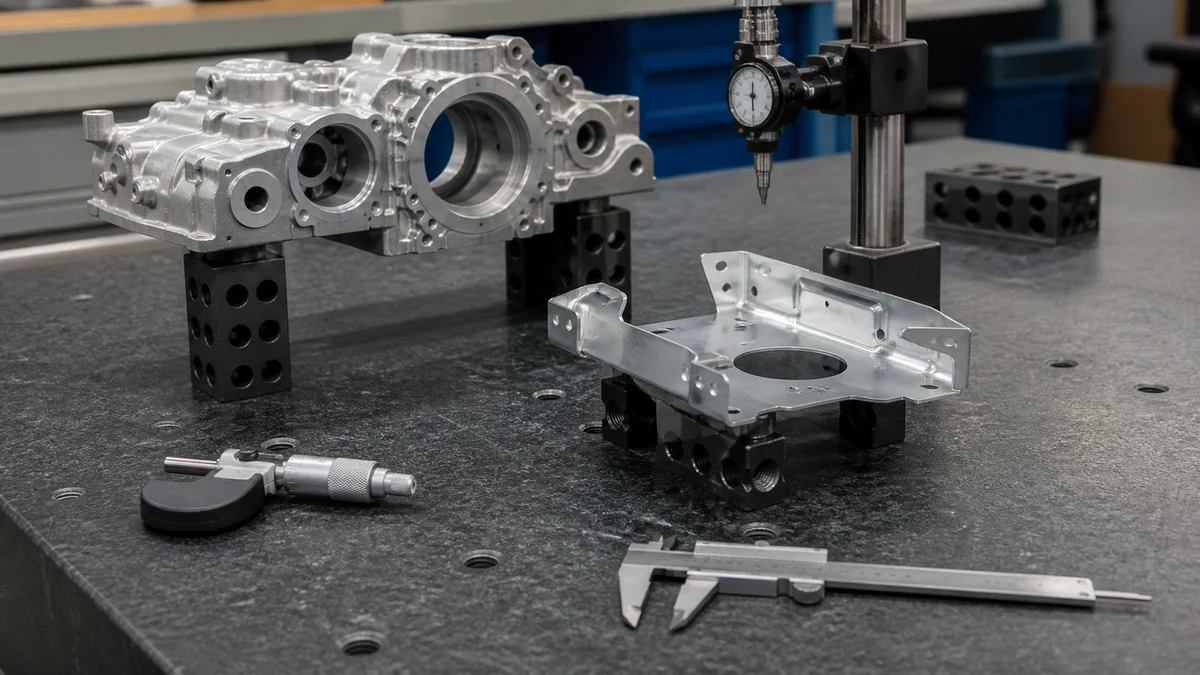 Datum and Tolerance Inspection Machined housing and formed bracket arranged with inspection tools and datum fixtures.