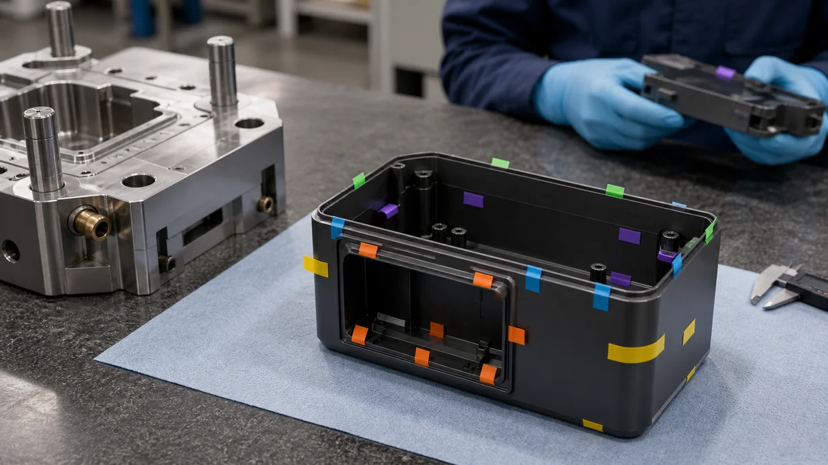 Molded plastic enclosure on an inspection table with different cosmetic and functional surfaces identified by colored tabs.