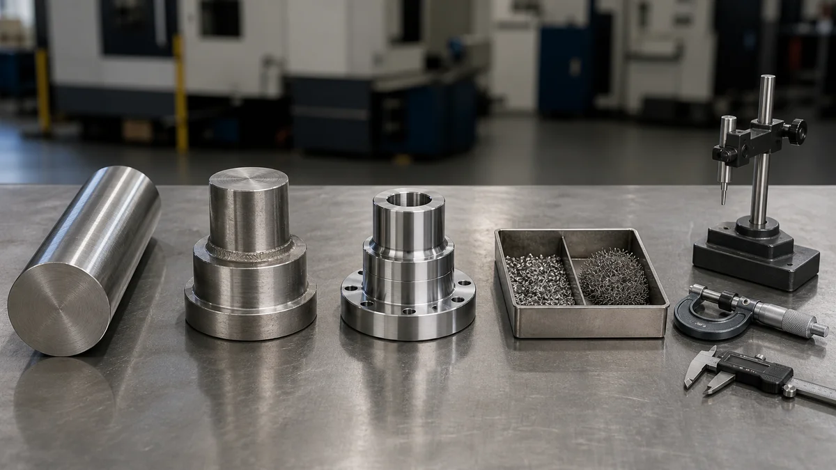 Stainless stock, partially machined parts, finished components, and inspection tools arranged by manufacturing stage.