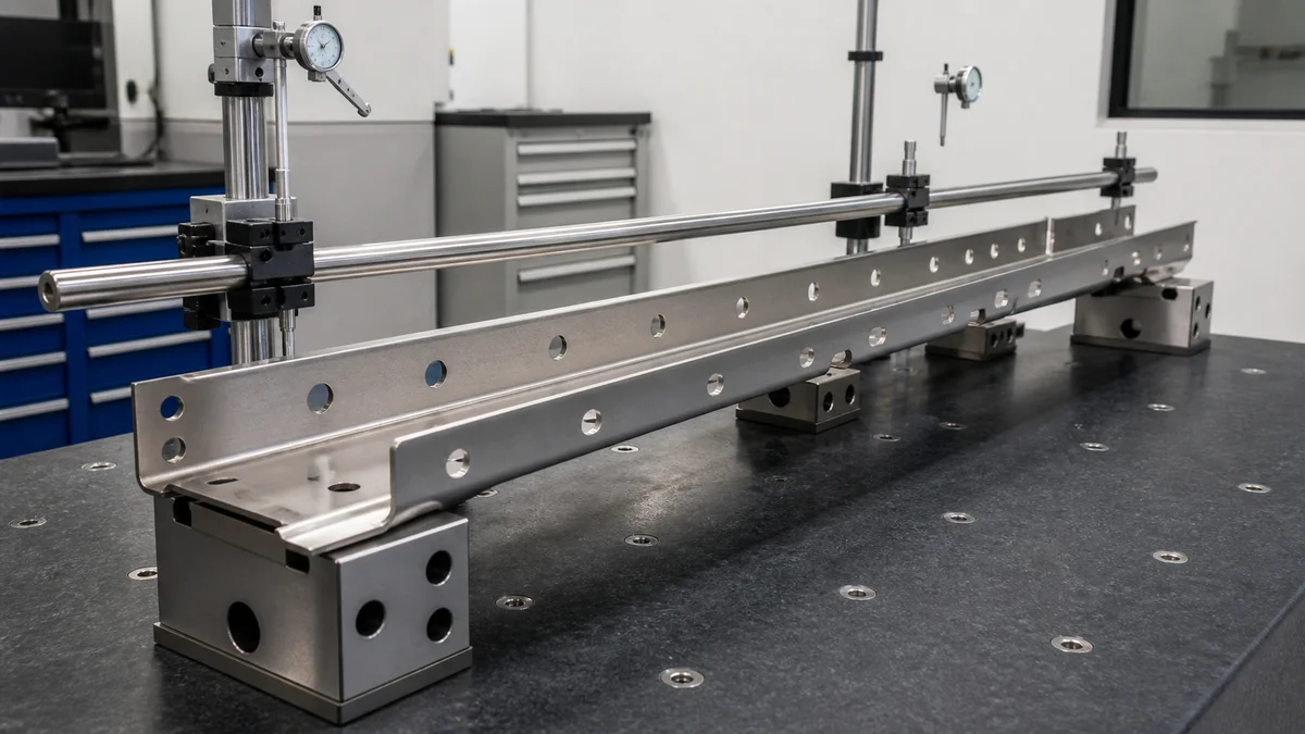 Long Bracket Datum Inspection Long channel bracket aligned against datum blocks while opposing flange holes are inspected.