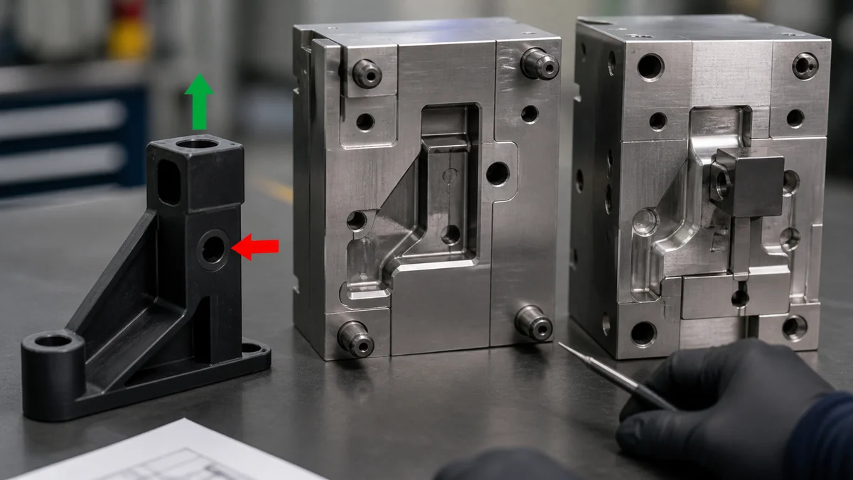 Undercut Pull Direction Review Plastic bracket beside separated mold inserts, with visual markers showing pull direction and a transverse undercut.