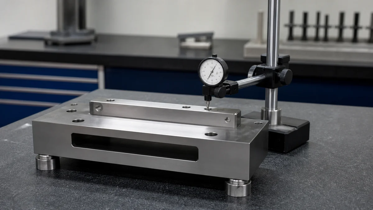 Machined base located on its broad mounting face for inspection of an upper feature.