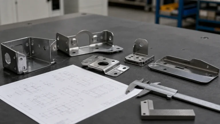 Stamped metal brackets, pierced sheet parts, a technical drawing, and inspection tools arranged on a worktable.