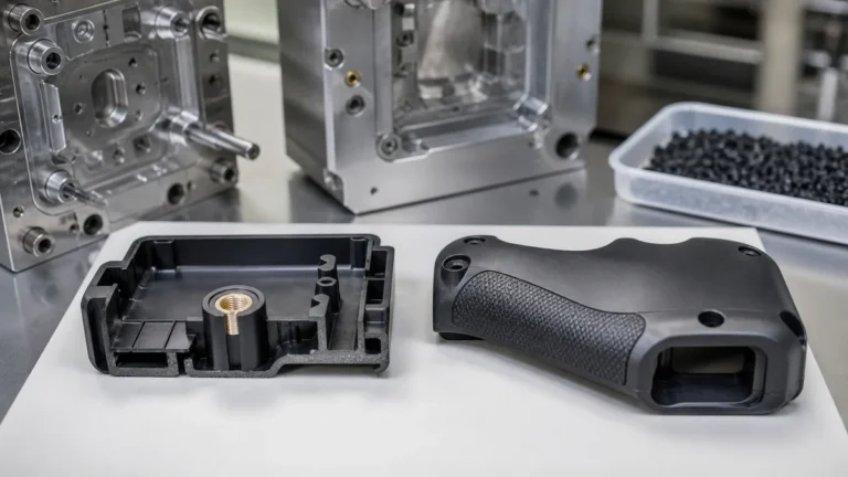 Molded plastic housing with an embedded metal insert beside a housing with a soft overmolded grip.