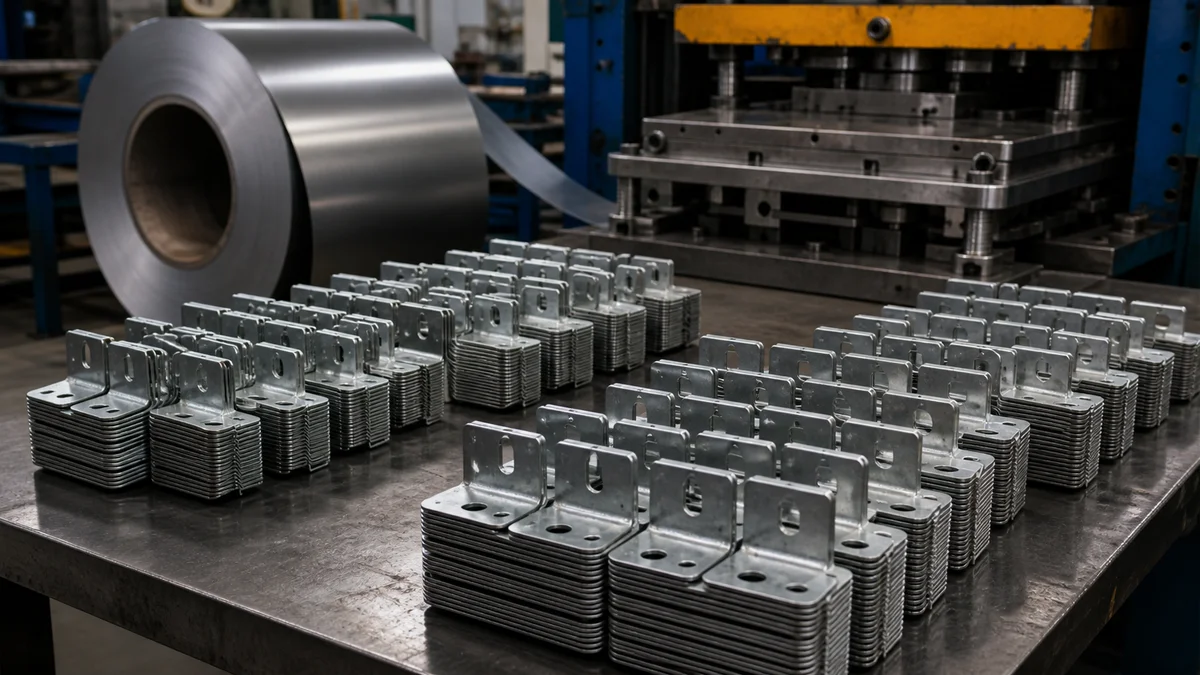 Stamped Bracket Production Batches Separated production batches of stamped metal brackets beside coil stock and die tooling.