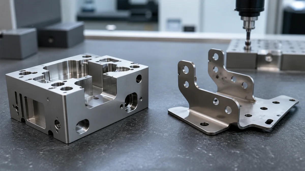 A solid machined titanium block displayed beside a bent titanium sheet bracket with punched holes.