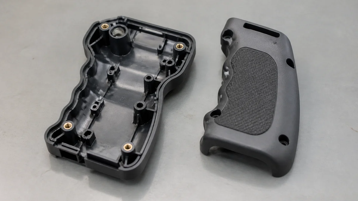 Plastic housing showing threaded inserts for fastening and a separate soft overmolded grip region.