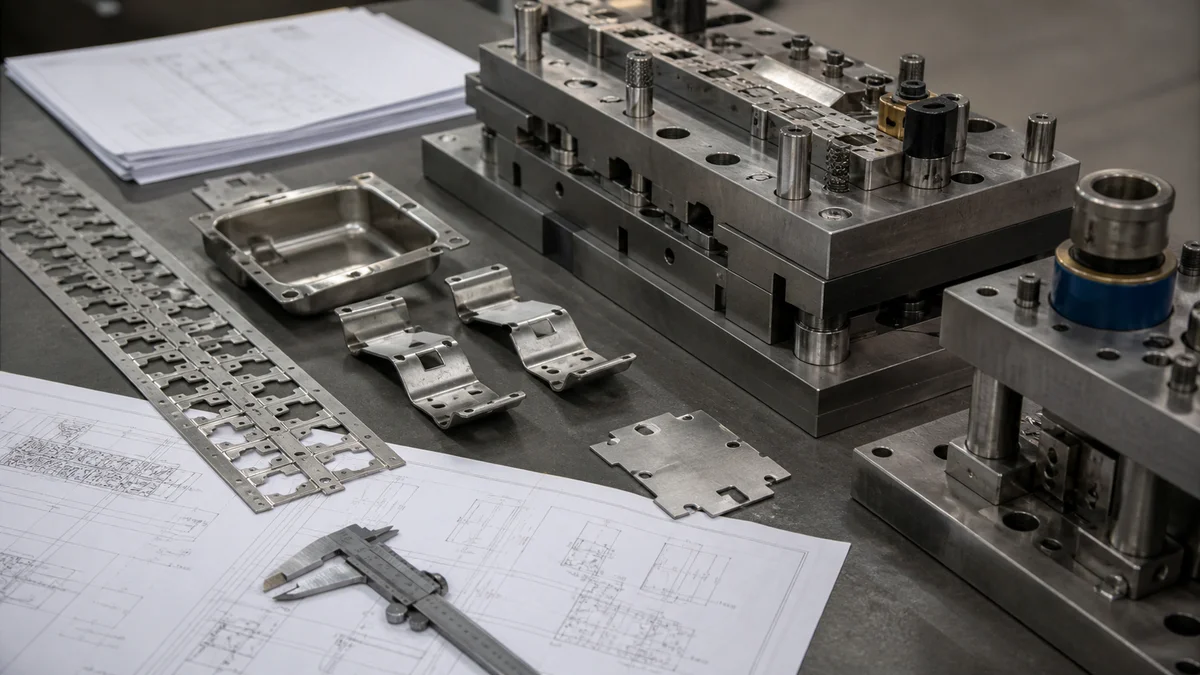 Stamped samples, strip layout, transfer blank, drawing sheets, and die component prepared for tooling review.