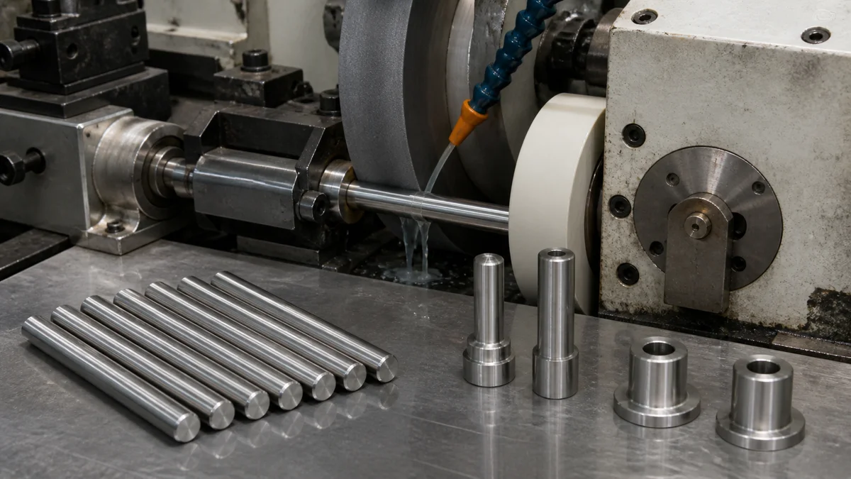 Straight Pins for Centerless Grinding Straight cylindrical pins beside shouldered parts near a centerless grinding setup.