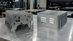 Laser-cut sheet profiles and turret-punched panels with repeated holes and louvers arranged side by side on an inspection table.
