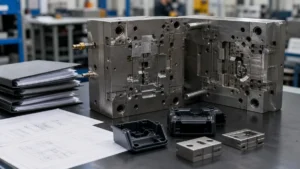 Open injection mold beside organized technical records, inserts, cooling connectors, and molded plastic housings on an inspection bench.