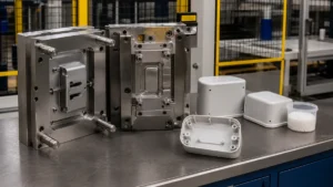 Open injection mold beside molded plastic housings and resin pellets on a clean manufacturing workbench.