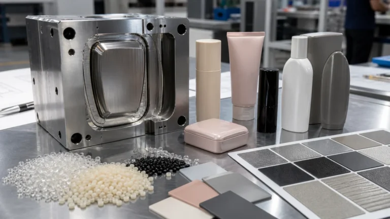 Injection mold insert beside matte and glossy molded plastic housings, resin pellets, and surface reference plaques on an inspection table.