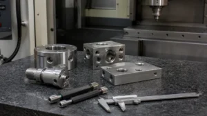 CNC-machined metal parts with tapped holes, thread gauges, and a caliper on an inspection table.
