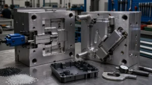 Open injection mold with a lateral slide, angled lifter, and molded plastic housing on a clean toolroom bench.