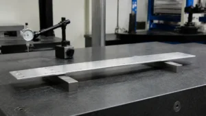 Long thin machined aluminum plate being checked for free-state distortion on an inspection table.