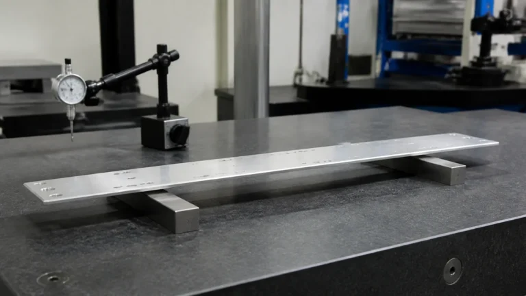 Long thin machined aluminum plate being checked for free-state distortion on an inspection table.
