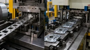 Progressive stamping strip and separate transfer blanks shown beside two metal die arrangements.