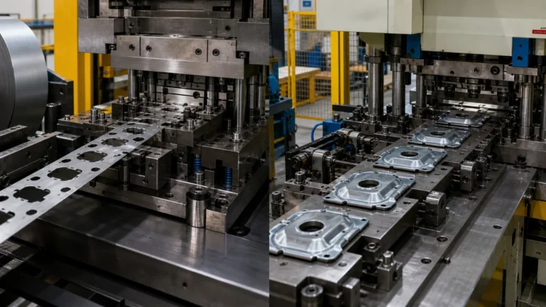Progressive stamping strip and separate transfer blanks shown beside two metal die arrangements.