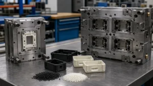 A compact single-cavity mold and a larger multi-cavity production mold displayed with molded plastic housings on an inspection bench.