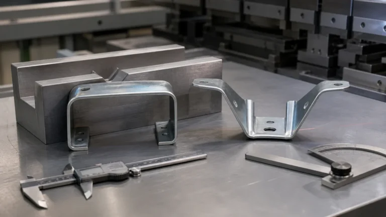 Two formed sheet metal brackets compared on an inspection table to show angular springback.