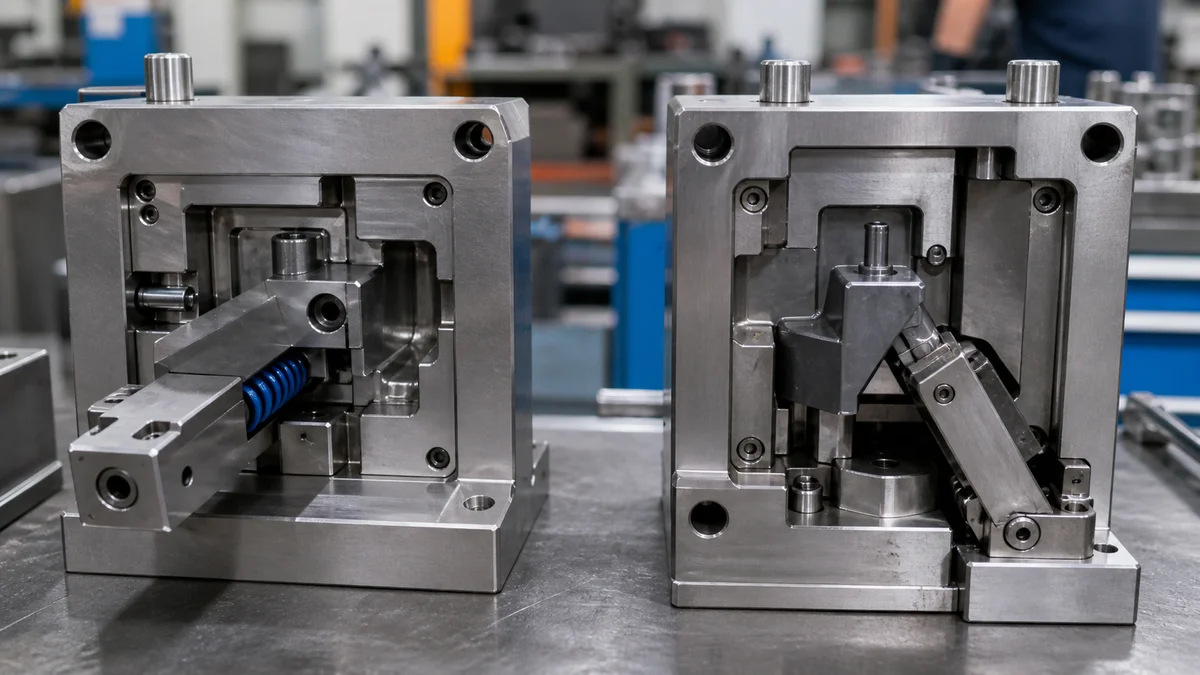 Slide and Lifter Comparison Two mold sections comparing a lateral slide for an external hole with an angled lifter for an internal snap.