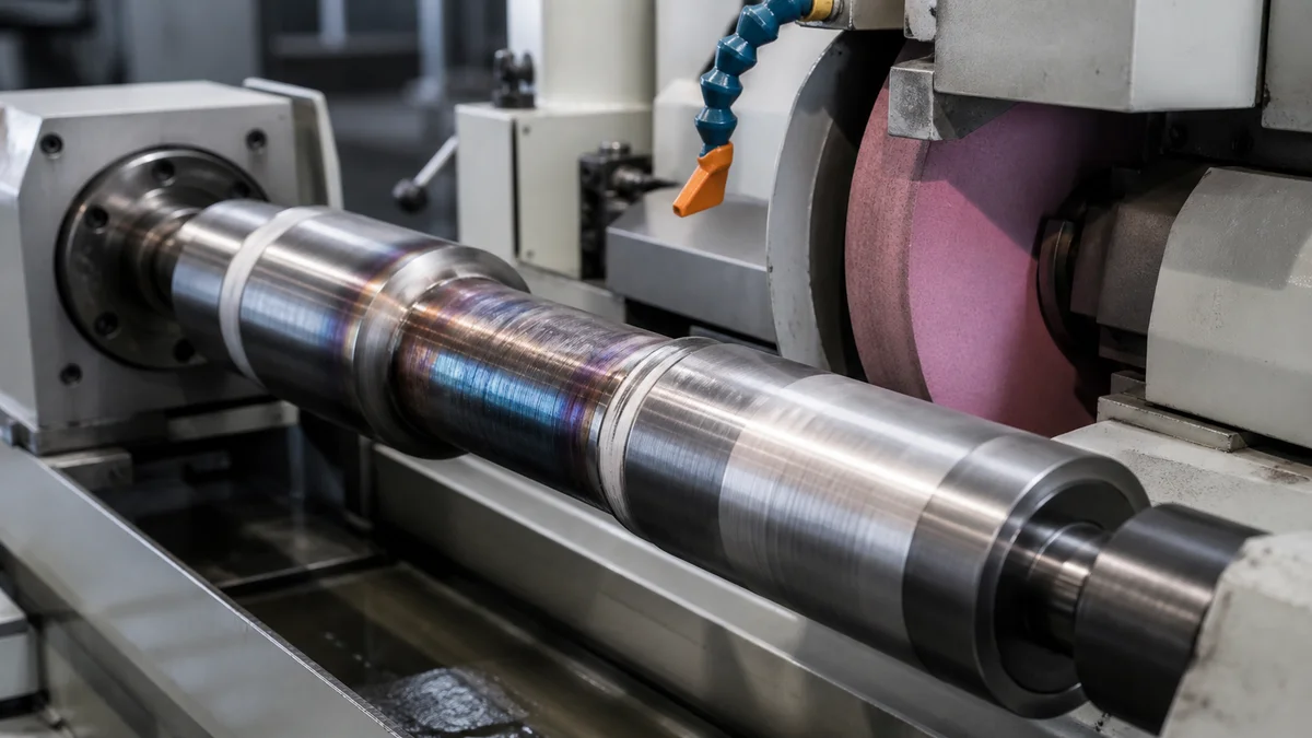 Hardened Shaft Grinding Setup Heat-treated steel shaft with retained journal stock prepared for final grinding.