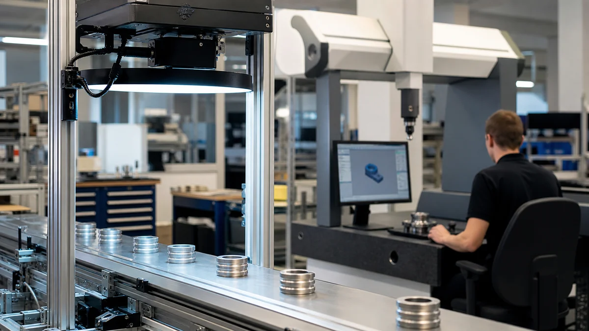 Screening and Audit Stations Machined parts undergoing optical screening while a sampled part receives coordinate inspection.