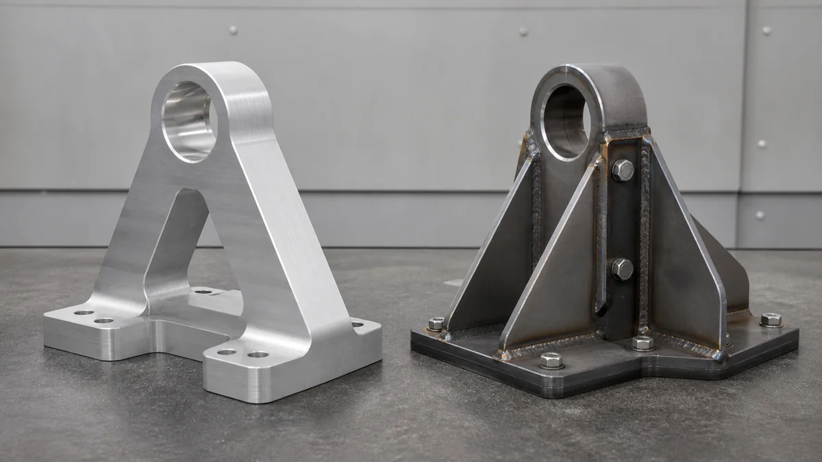 One-Piece and Fabricated Supports One-piece machined support beside a multi-part fabricated sheet metal support.
